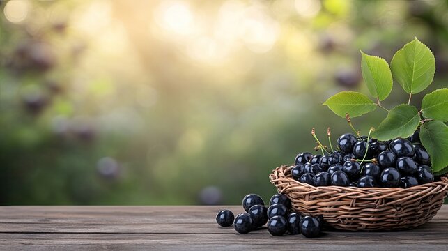 Fresh cherries and homemade cherry jam are beautifully arranged in a basket on a wooden table, surrounded by a blooming garden. - Powered by Adobe