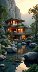 Fototapeta premium Serene modern home nestled between mountains, featuring large windows and a tranquil water view, ideal for relaxation or inspiration in architectural and lifestyle projects.