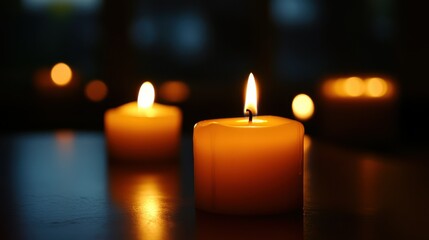 Warm glow of lit candles in dark ambiance