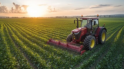 Fototapeta premium Sunset Tractor Harvesting: Golden Hour Agriculture