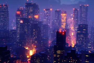 Fototapeta premium City skyline illuminated by lights at night with a purple hue in the atmosphere