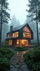 A modern house surrounded by lush greenery and misty trees, showcasing sleek architecture and warm lighting, ideal for nature retreats or real estate marketing.