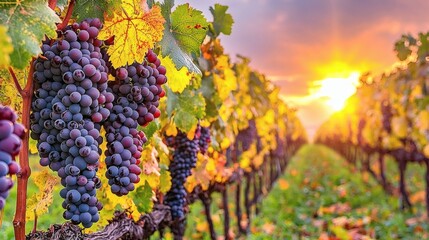 Sunset over Vineyard Rows with Ripe Grapes