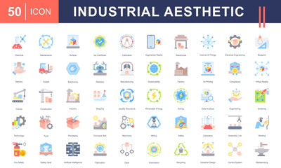 Icon set showcasing an industrial aesthetic, including robotics, machinery, manufacturing, safety, engineering, renewable energy, and technology. Perfect for industrial and tech-focused projects.