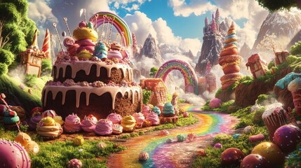 Naklejka premium Sweet candy land background. Fantasy game cartoon landscape. Chocolate cake, dessert and cute rainbow illustration for fairytale backdrop. Birthday world with pink biscuit and fantastic confectionery