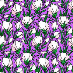 seamless contour pattern of large white flowers on a purple background, texture