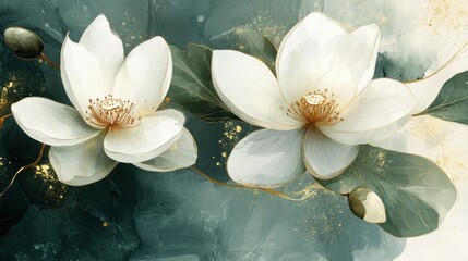 Elegant White Magnolias with Gold Accents on Teal