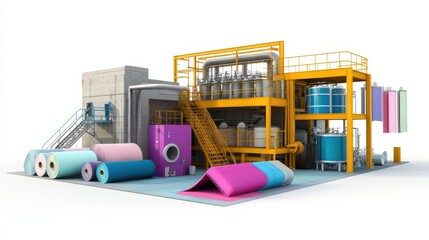 Colorful industrial facility with large storage tanks and rolls of material on the ground