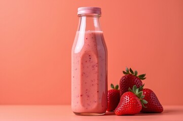 Bright and inviting, a glass bottle filled with strawberry smoothie sits on a surface adorned in soft coral hues, surrounded by ripe strawberries that enhance the delightful freshness