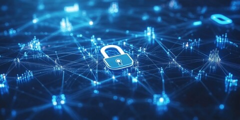 Obraz premium Blue background with a security lock symbol and digital data network connection technology, representing the concept of cyber security, internet protection, or an online building system Generative AI