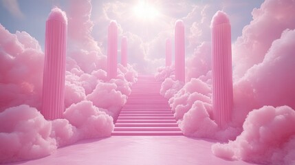 Pink stairway to heaven, cloudscape backdrop, dreamy scene