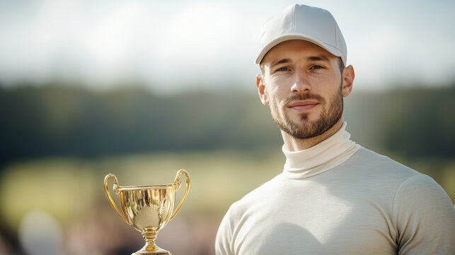 Elegant Jockey patting a horses mane after a victorious race with a golden trophy and crowd cheering in the blurred background 