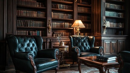 Elegant Library With Dark Leather Chairs and Antique Books