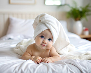 A charming baby lays on a comfortable bed, wearing a fluffy towel on their head. Their captivating blue eyes sparkle with curiosity as they explore their surroundings in a serene room