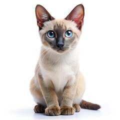 A captivating Siamese cat poses with intense blue eyes and a sleek coat, showcasing its magnificent features. The animal remains still, creating a serene atmosphere in its surroundings