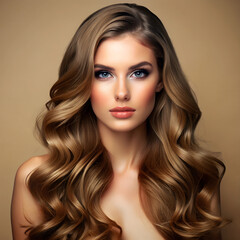 Naklejka premium A stunning model with long, luxurious blonde curls poses gracefully against a neutral backdrop, exuding charm and confidence. Her striking features are highlighted by flawless makeup