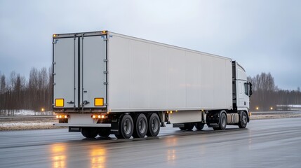 Elegant Nighttime shot of a cross country truck hauling a refrigerated cargo trailer on a wet highway illuminated by its glowing headlights and tail lights 