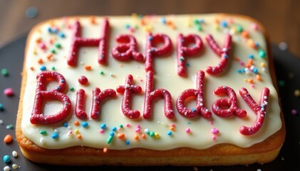 Sprinkles arranged as birthday message on baked good, pastel, birthday