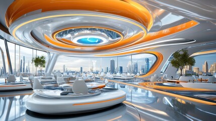 Obraz premium Futuristic Restaurant Interior Cityscape View