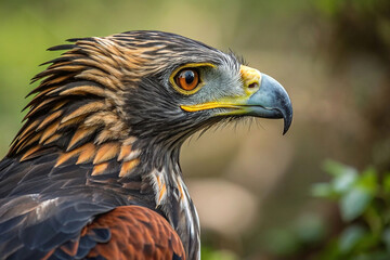 Obraz premium Close-up profile of a majestic eagle with sharp gaze and vibrant plumage.