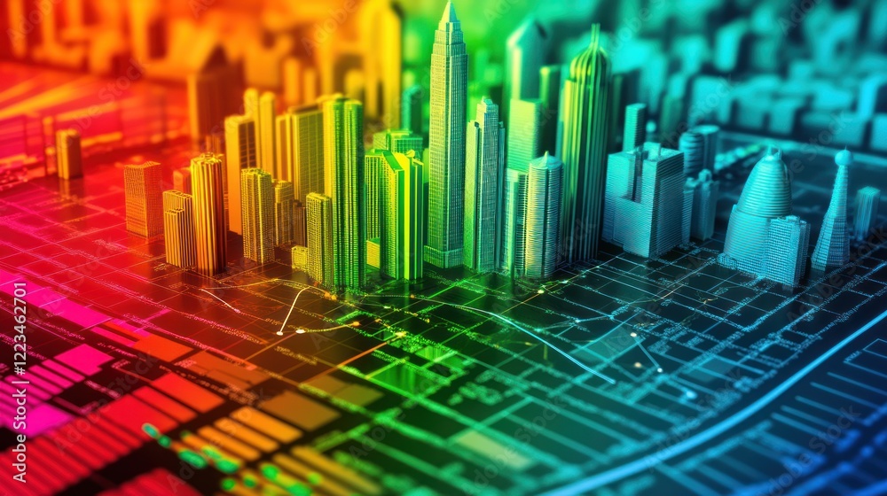Poster colorful cityscape model displaying urban data analysis