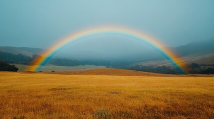 Rainbow over golden field, misty hills