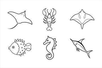 set of sea animals outline vector 