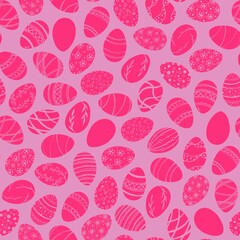 Beautiful  seamless pattern with Easter eggs decorated with various ornaments and the inscriptions Happy Easter. I The design is made in pink colors, creating a modern and festive style.
