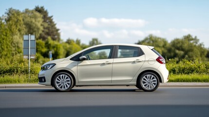 Fototapeta premium Elegant Student driver in a small compact car practicing three point turns on a quiet street with reflective road signs and clear blue skies around 