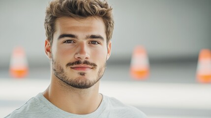 Elegant Student driver practicing in a compact car cautiously navigating an empty parking lot with orange cones in the background on a sunny day 