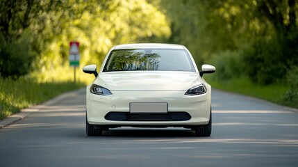 Fototapeta premium Elegant Student driver in a small compact car practicing three point turns on a quiet street with reflective road signs and clear blue skies around 