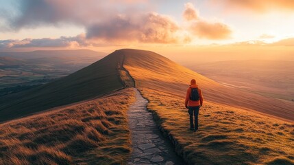 Lone Hiker Ascends Mountain Ridge at Sunset