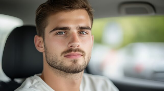 Elegant Student practicing parallel parking in a compact car concentrating intently with street signs and parked cars in the background 
