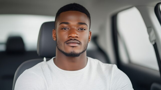 Elegant Student practicing parallel parking in a compact car concentrating intently with street signs and parked cars in the background 