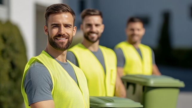 Elegant Team of sanitation workers collecting recycling bins on a suburban street wearing bright yellow vests and smiling under a clear blue sky 