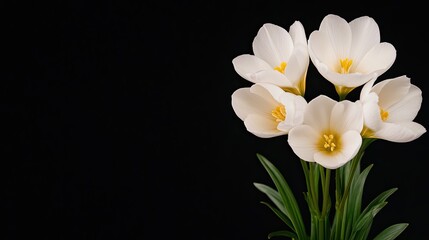 Naklejka premium A beautiful arrangement of white freesia flowers reveals their delicate structure and soft petals against a contrasting dark background.