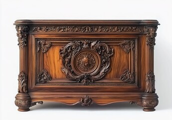 Fototapeta premium An antique walnut sideboard with an ornate carving in the center, against a white background