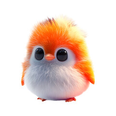 Fluffy 3D Cartoon Blob Creature Bird with Bright Orange and White Feathers Isolated on Transparent Background