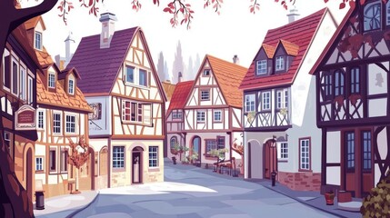 Fototapeta premium Medieval german street with half-timbered houses in white fog. Traditional european buildings in old town or village at misty weather. Vector cartoon summer landscape with fachwerk cottages and mist