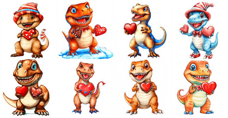 Fototapeta premium Cute Watercolor Valentine T-Rex Dinosaurs - Adorable watercolor dinosaurs, hearts, chocolates, Valentines Day, cute clipart.