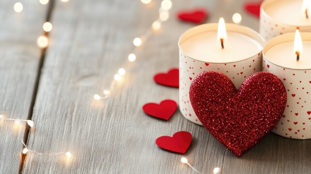 Red Heart With Candles And String Lights On Wood Table