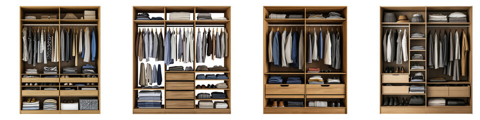 Wardrobe with cloth and accessories isolated on transparent background, PNG, Set of