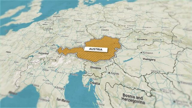 Borders of the state of Austria on the map. Country Austria on the map is highlighted by a polygonal border. From above zooming in with panoramic view