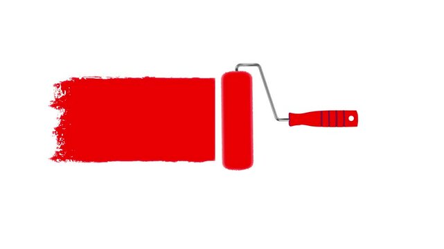 Red paint roller with paint on white background.