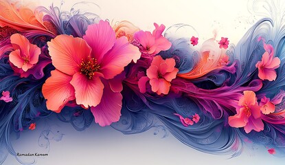 Obraz premium Abstract Floral Design with Vibrant Pink and Orange Flowers Amidst Flowing Blue Shapes and Wisps