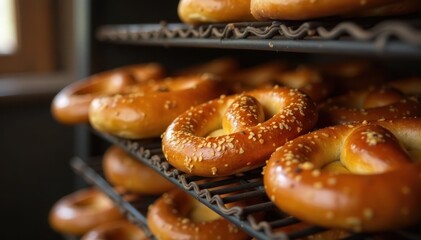 Golden brown pretzels cooling on racks in a rustic bakery , comfort food, bread