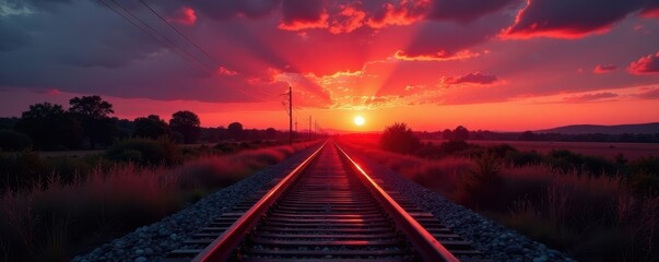 Crimson sun dips below heavy clouds, casting long shadows on railroad lines , atmospheric, dark