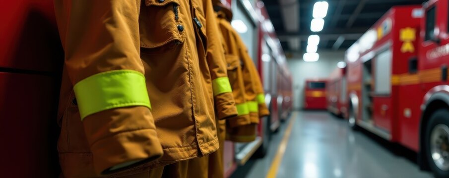 Hanging firefighter turnout coat and pants in fire station , workwear, service