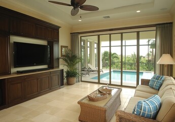 Fototapeta premium A photo of the living room with an open concept to the outdoor pool area in a Florida home. The walls are light tan, and the cabinets are dark wood. 