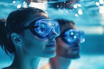 Swimmers wearing dive masks explore underwater scenery in a bright pool setting